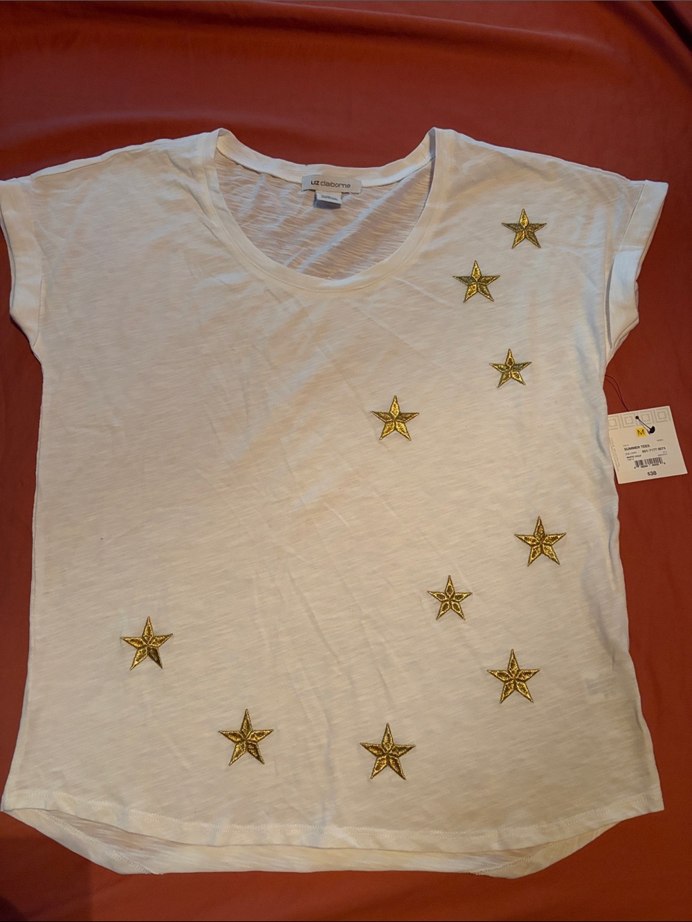 Liz Claiborne White Tee with Gold Star Accents M